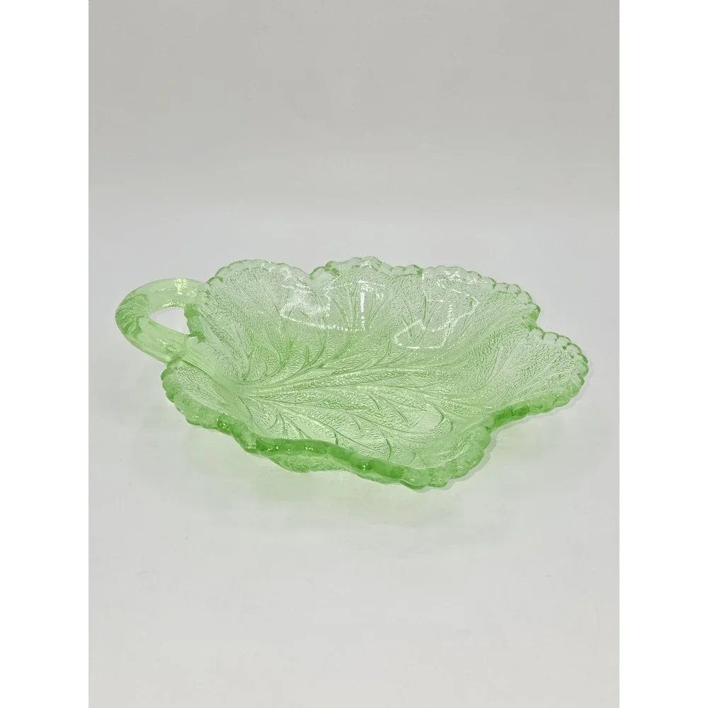 Indiana Glass Pebble Leaf Uranium Glass Handled Dish Green Vaseline Glass Candy